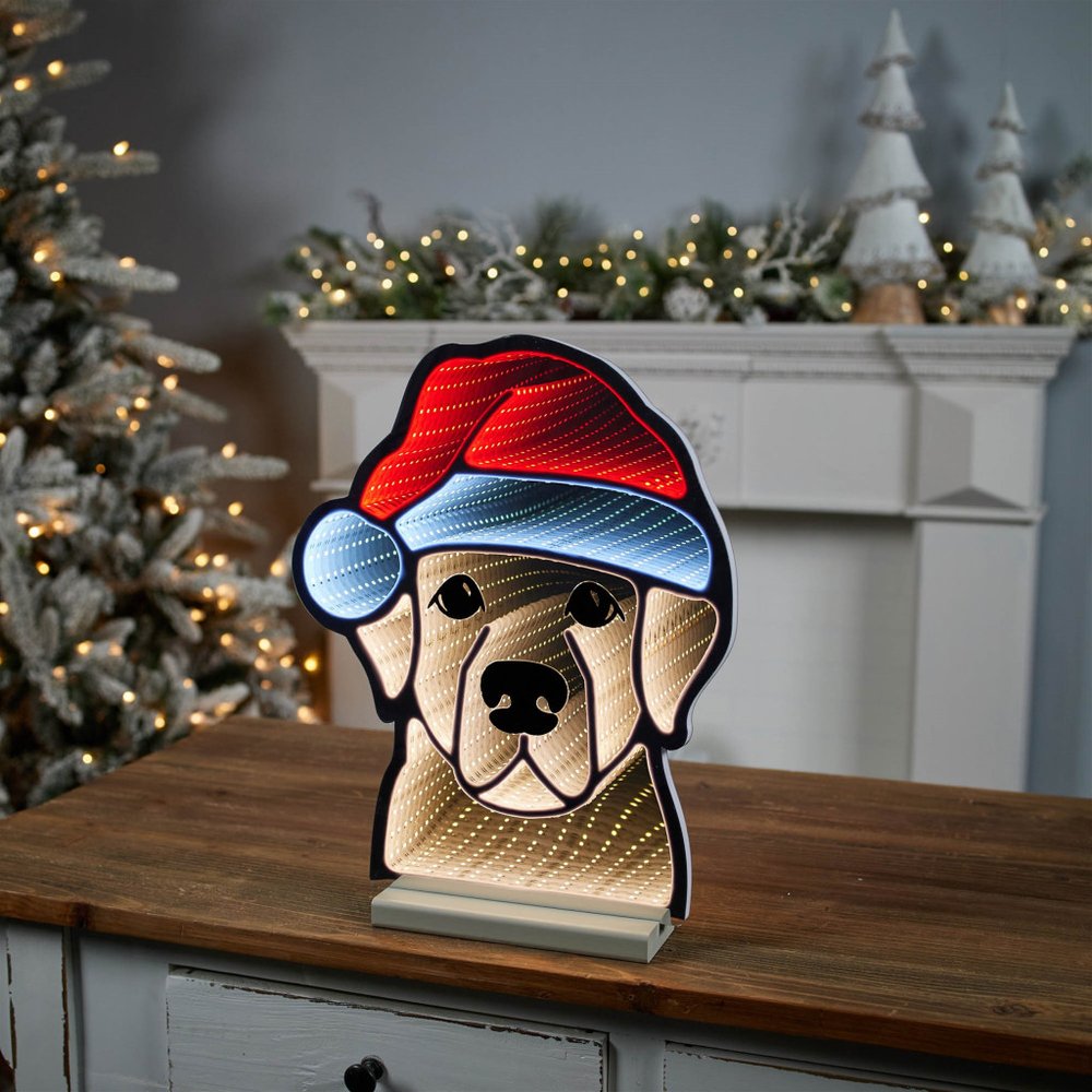 17" Beige And Red Acrylic Dog Christmas Tabletop Sign with LED