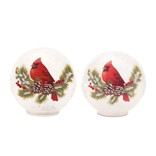 Set of Two White And Red Glass Bird Tabletop Sculpture with LED