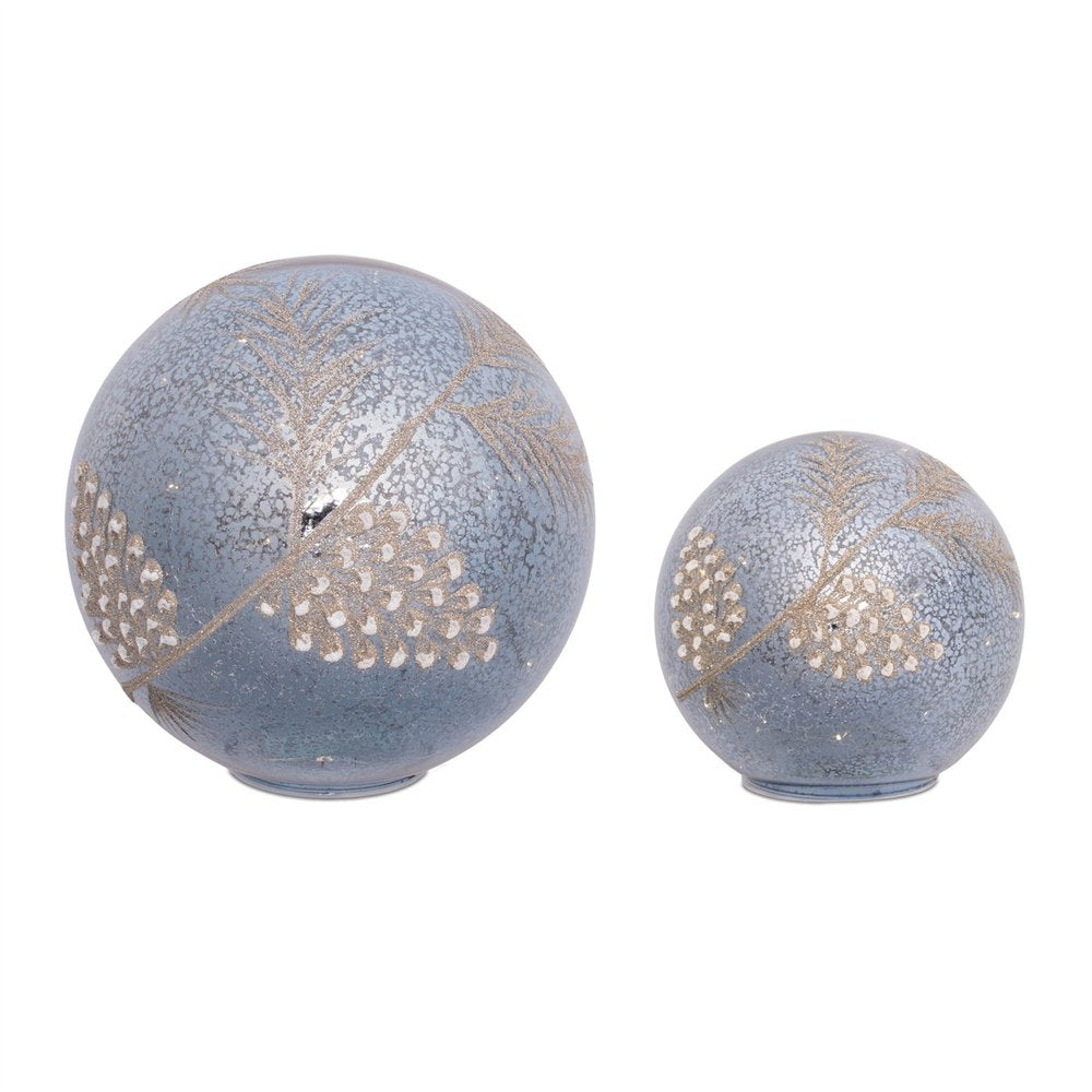 Set of Two Blue And Gray Glass Pinecone Tabletop Sculpture with LED