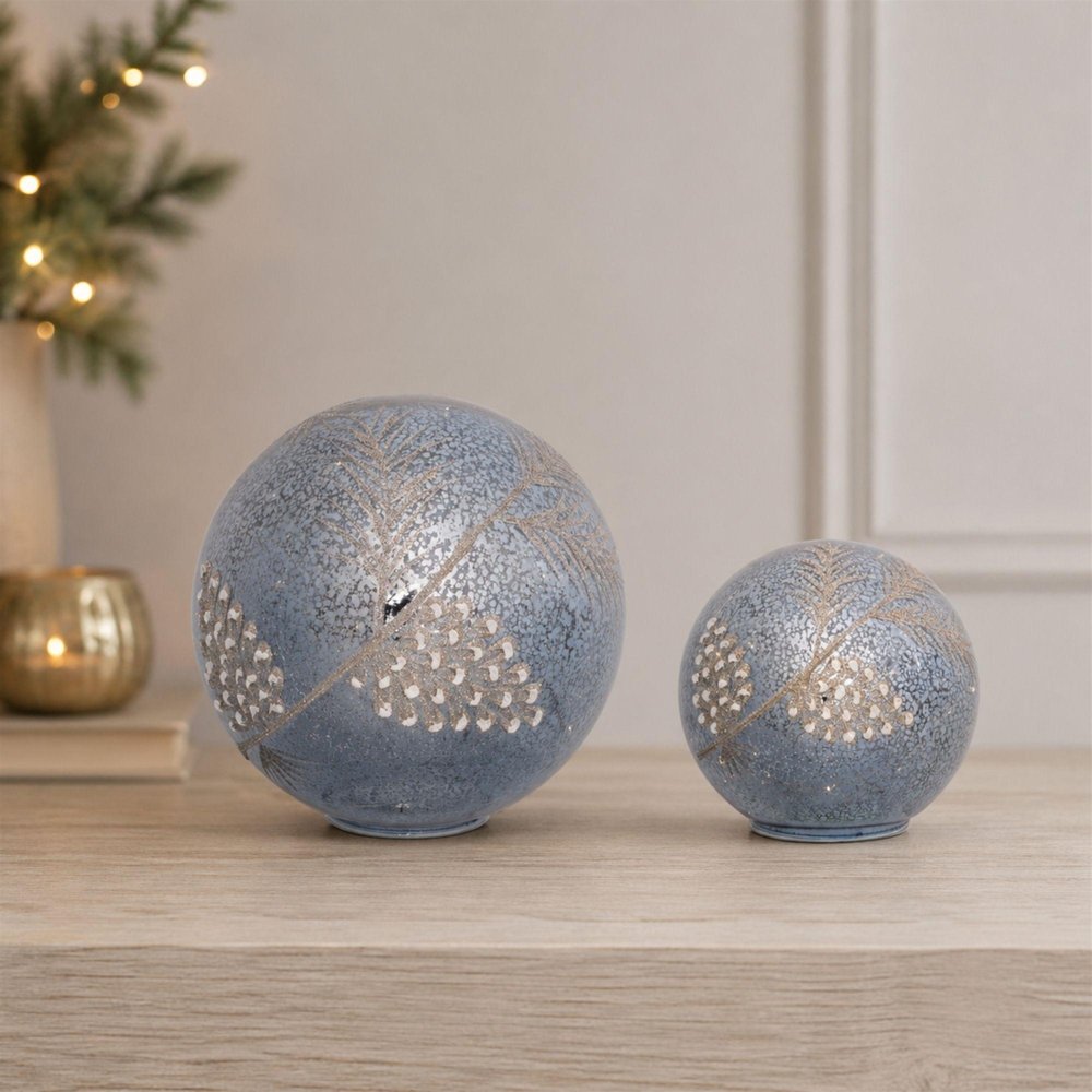 Set of Two Blue And Gray Glass Pinecone Tabletop Sculpture with LED