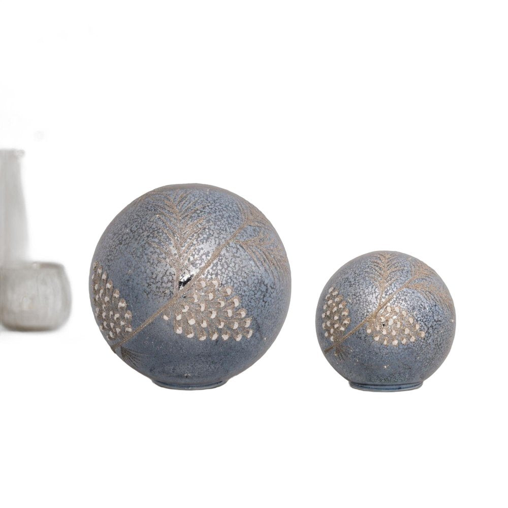 Set of Two Blue And Gray Glass Pinecone Tabletop Sculpture with LED