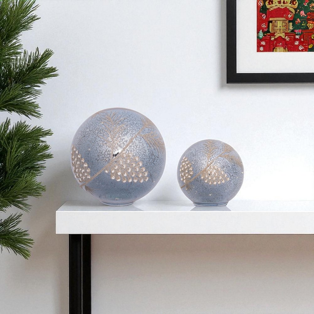 Set of Two Blue And Gray Glass Pinecone Tabletop Sculpture with LED