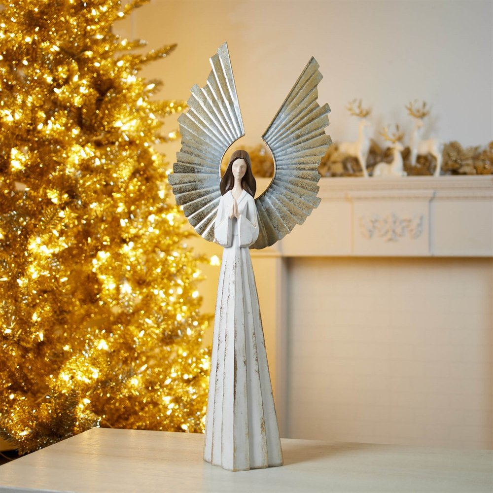 36" White And Gold Polyresin Angel Christmas Tabletop Sculpture