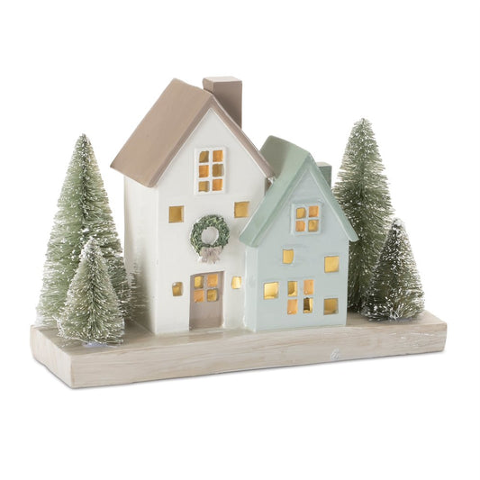 5" Gray Green And White Resin House Tabletop Sculpture with LED