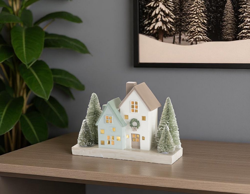 5" Gray Green And White Resin House Tabletop Sculpture with LED