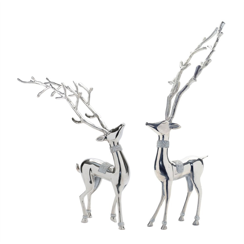 Set of Two Silver Aluminum Deer Tabletop Sculpture