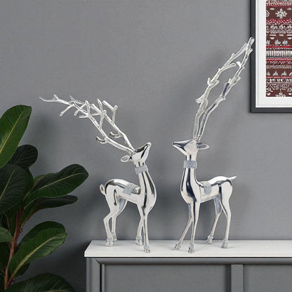 Set of Two Silver Aluminum Deer Tabletop Sculpture