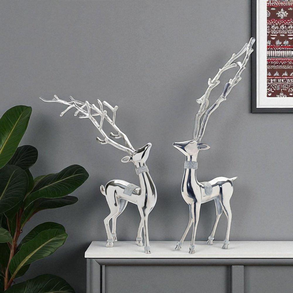 Set of Two Silver Aluminum Deer Tabletop Sculpture