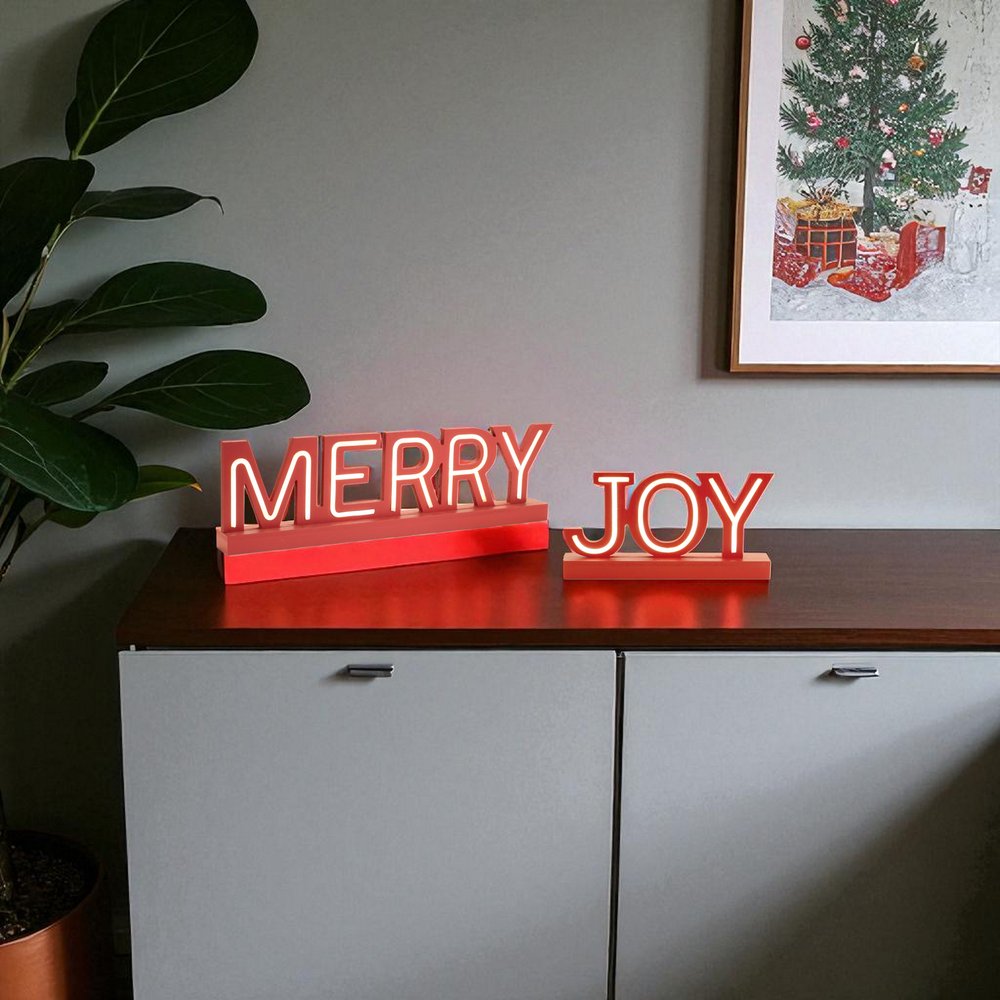 Set of Two Red And White Christmas Tabletop Sign with LED