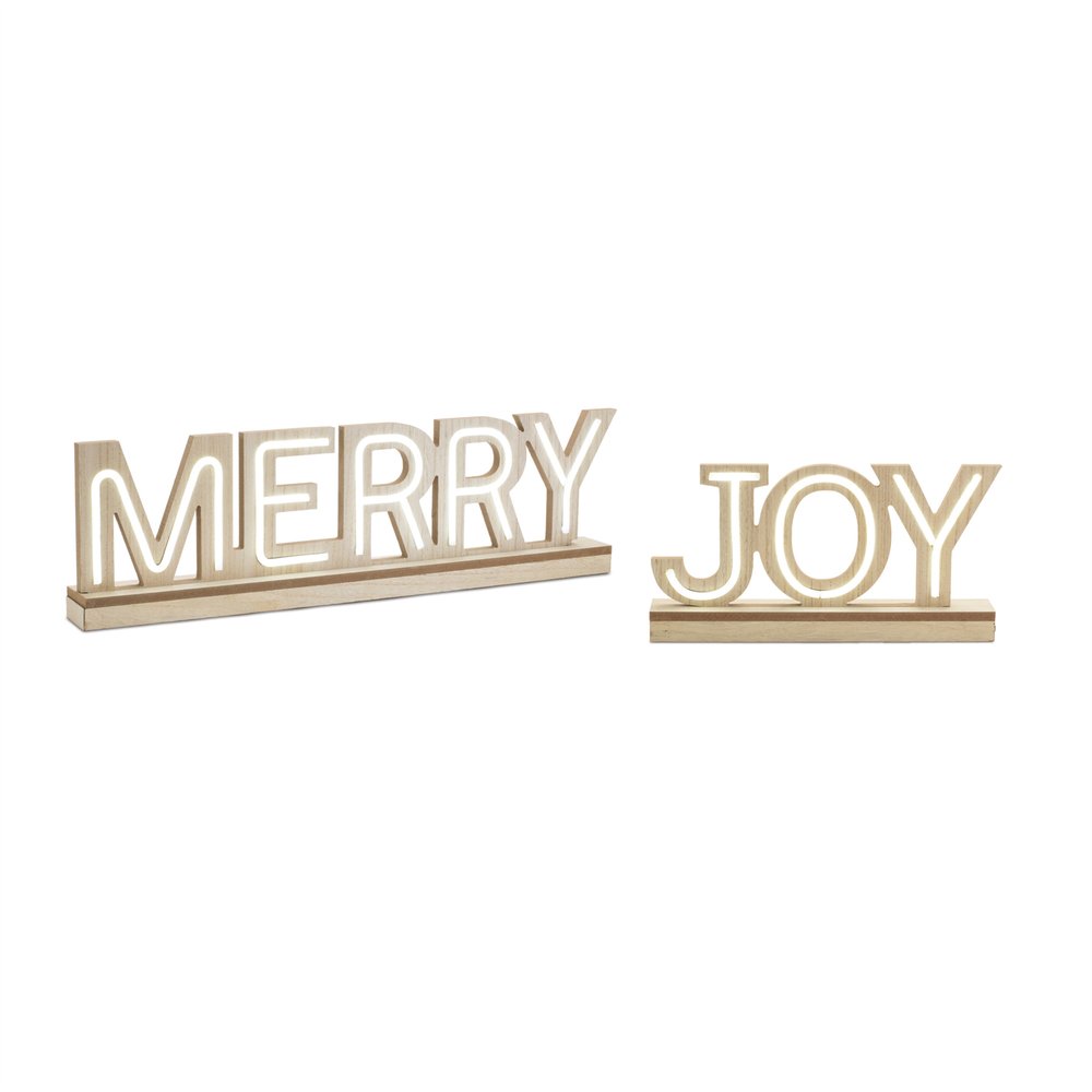 Set of Two Beige And White Christmas Tabletop Sign with LED