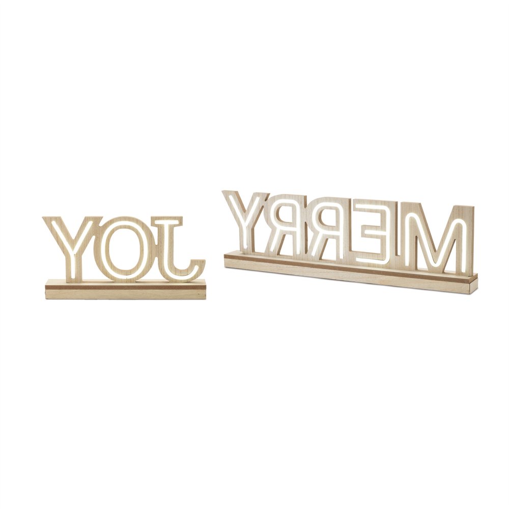 Set of Two Beige And White Christmas Tabletop Sign with LED