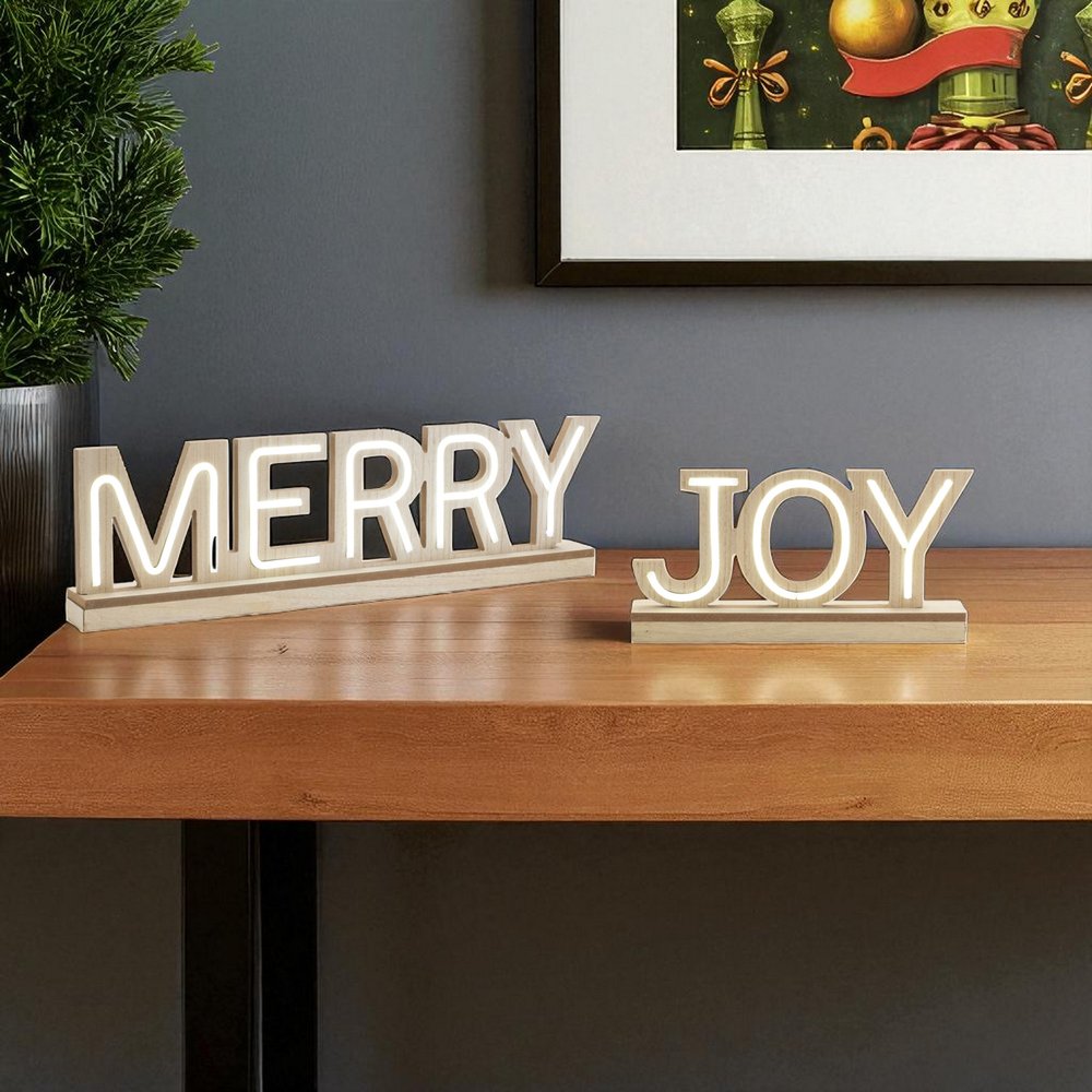 Set of Two Beige And White Christmas Tabletop Sign with LED