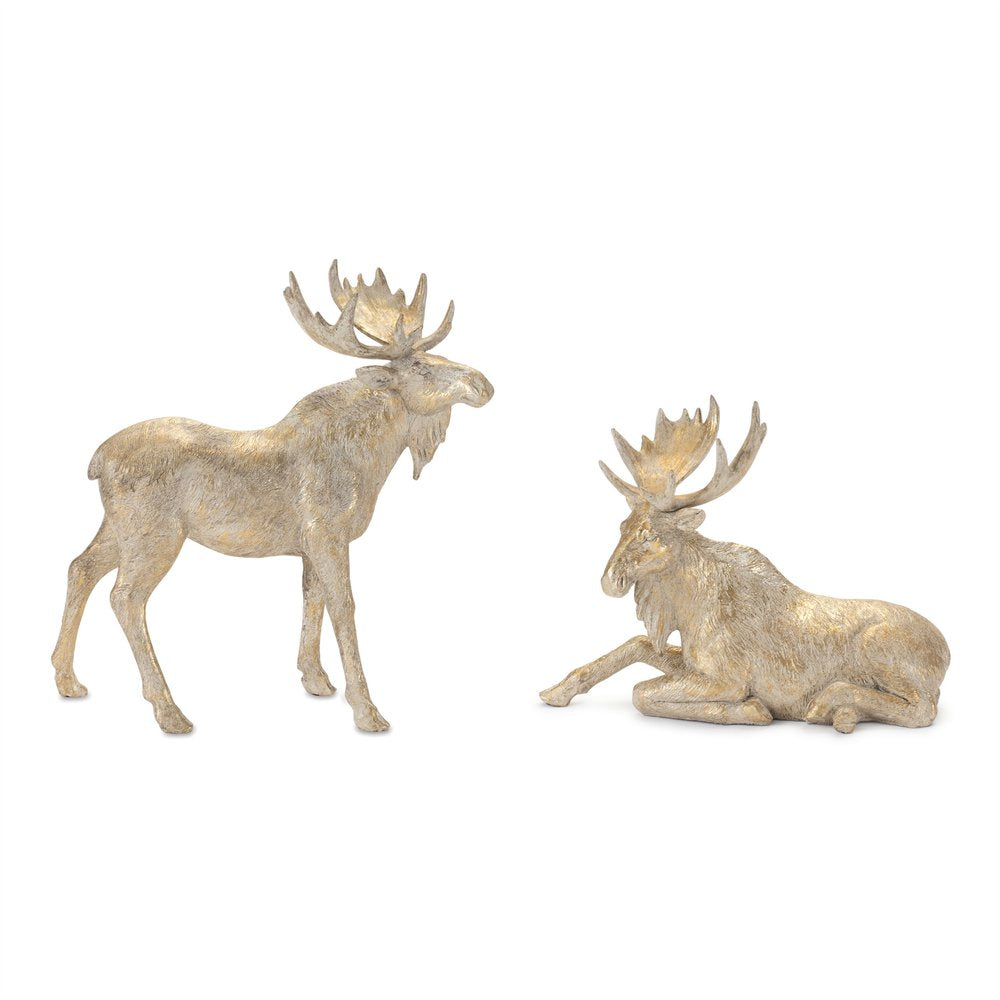 Set of Two Gold And Beige Polyresin Moose Christmas Figurine