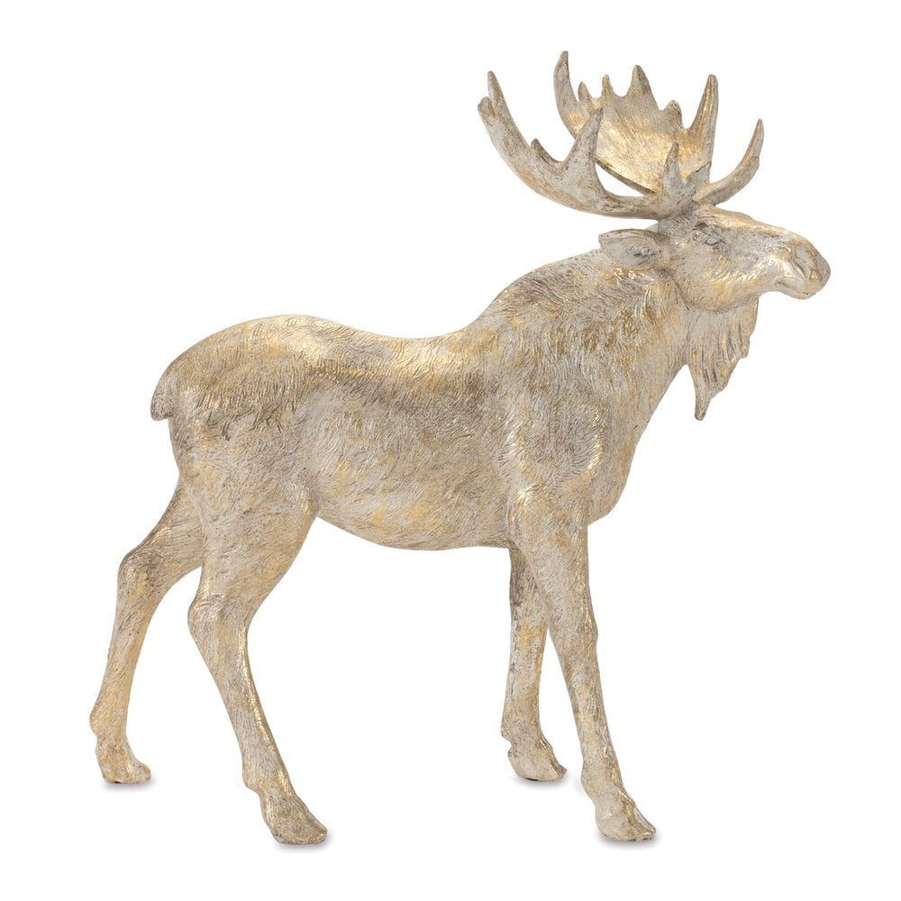 Set of Two Gold And Beige Polyresin Moose Christmas Figurine
