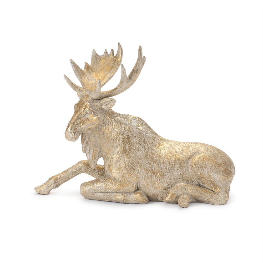 Set of Two Gold And Beige Polyresin Moose Christmas Figurine