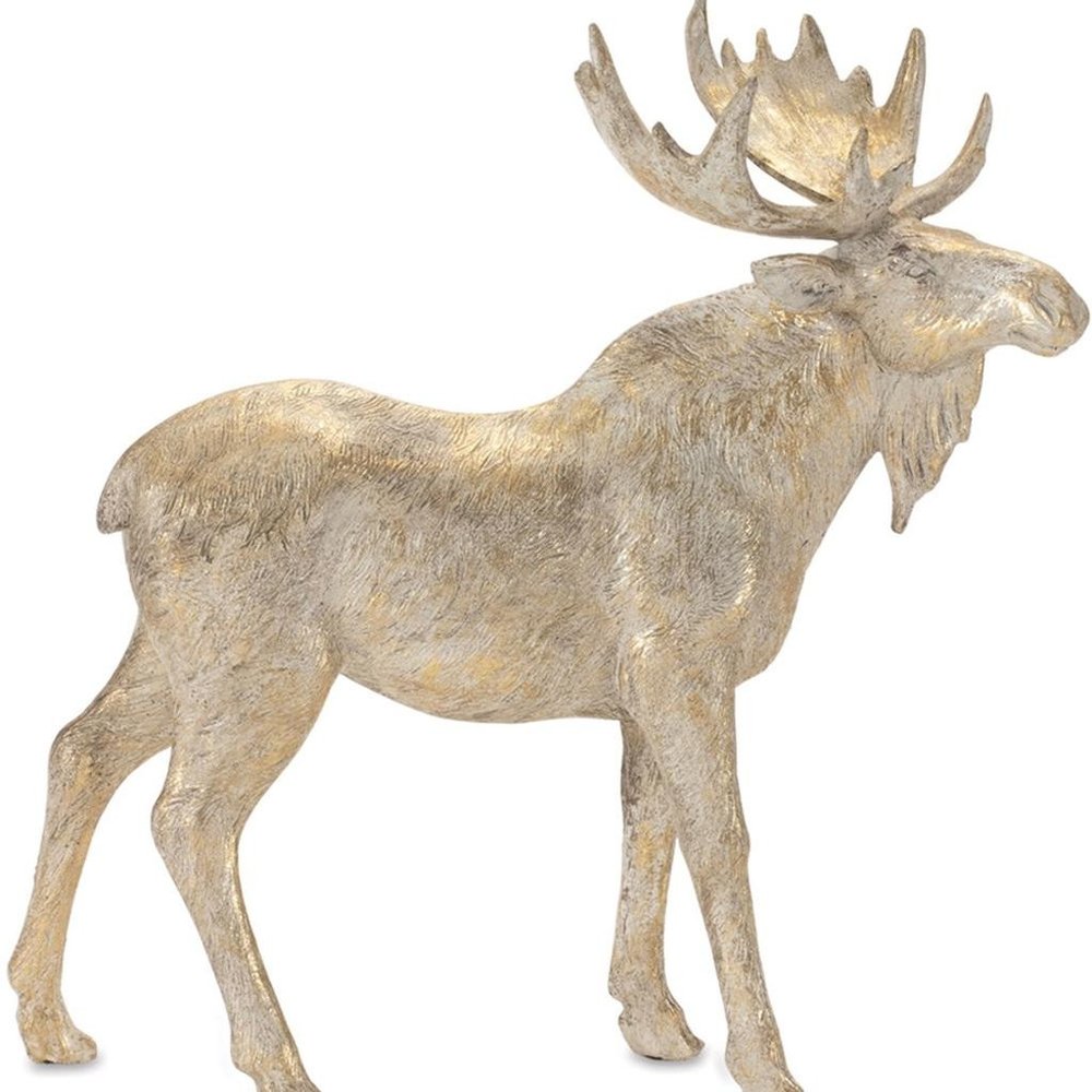 Set of Two Gold And Beige Polyresin Moose Christmas Figurine