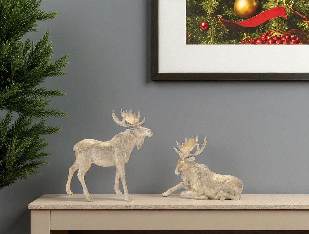Set of Two Gold And Beige Polyresin Moose Christmas Figurine