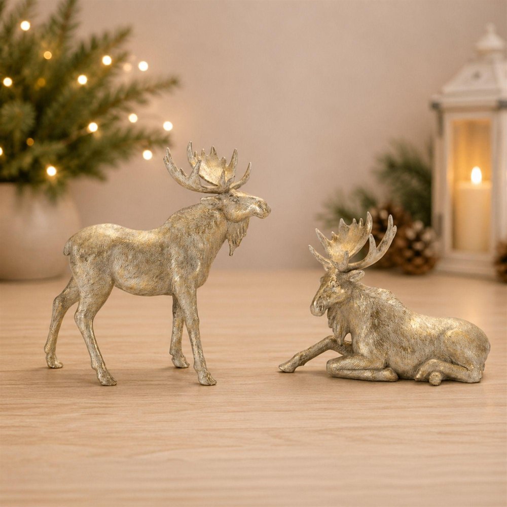 Set of Two Gold And Beige Polyresin Moose Christmas Figurine
