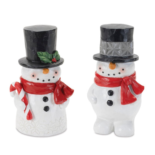 Set of Two White Red And Silver Polyresin Christmas Snowman Figurine