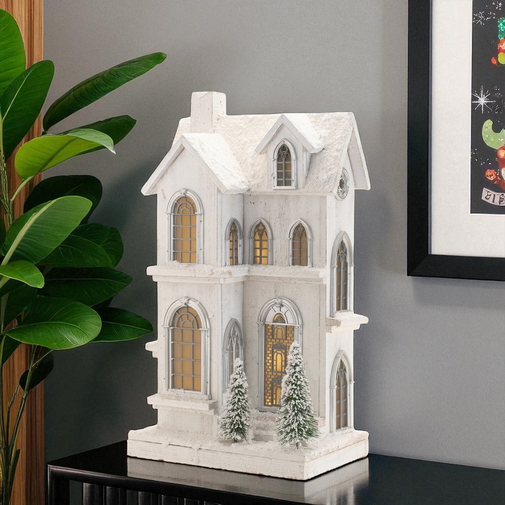 22" White And Green Wood Tabletop Sculpture with LED