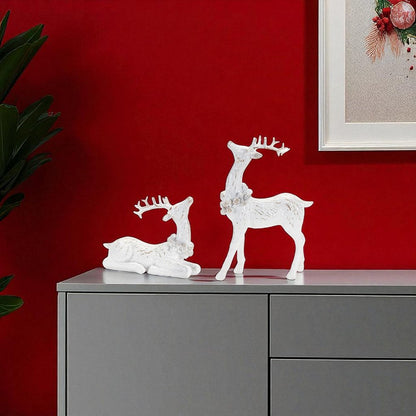 Set of Two White Polyresin Deer Christmas Figurine