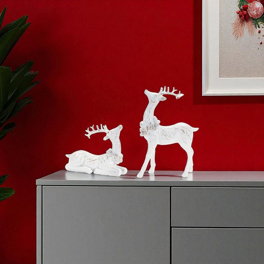 Set of Two White Polyresin Deer Christmas Figurine