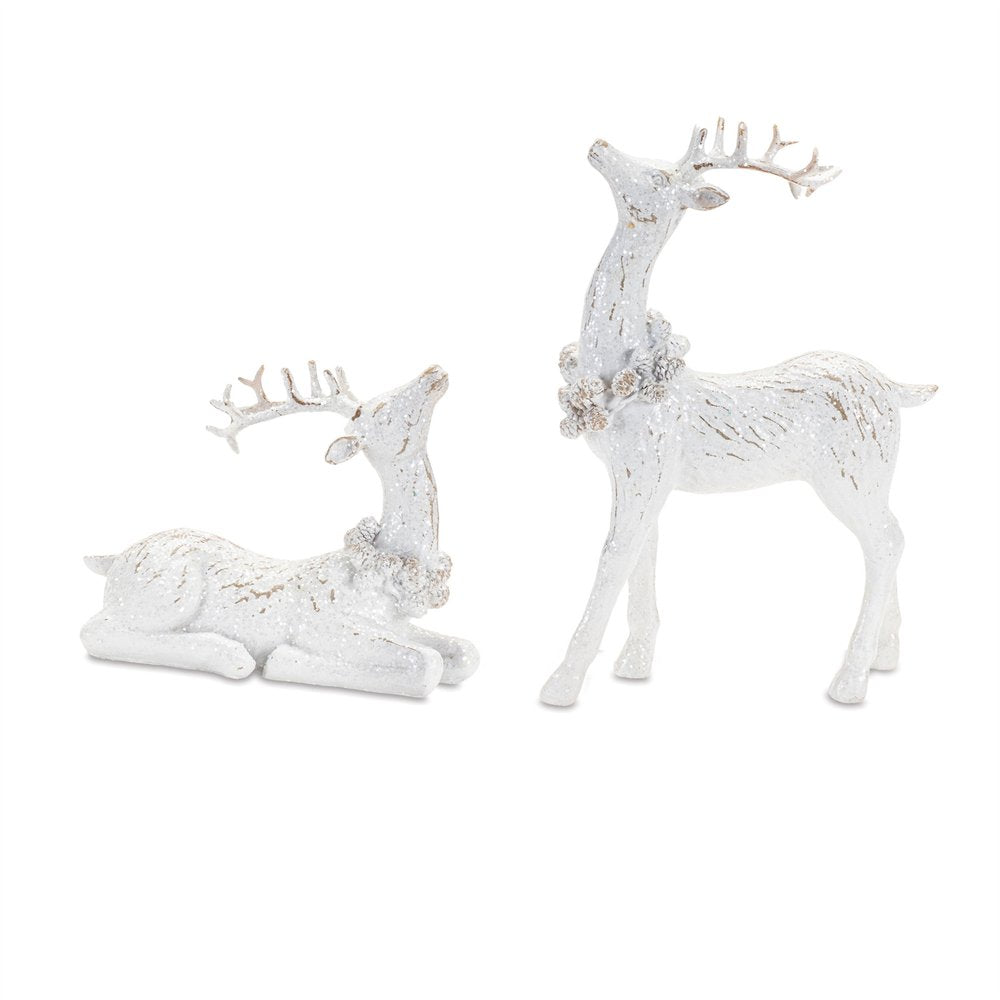 Set of Two White Polyresin Deer Christmas Figurine