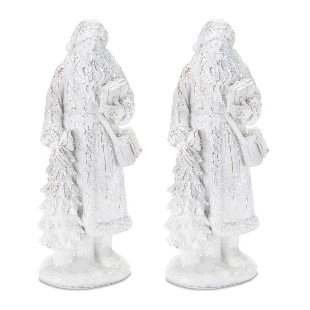Set of Two White Polyresin Christmas Santa Figurine