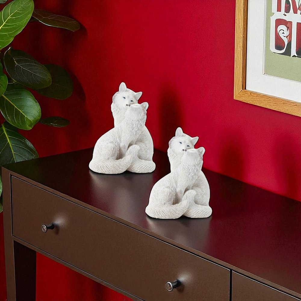 Set of Two White Polyresin Fox Figurine