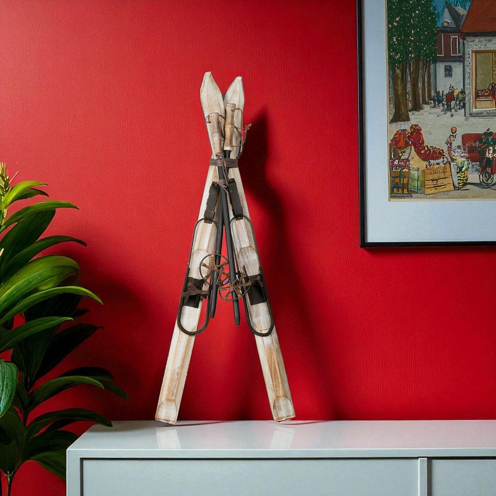 36" Beige And Brown Skiing Tabletop Sculpture