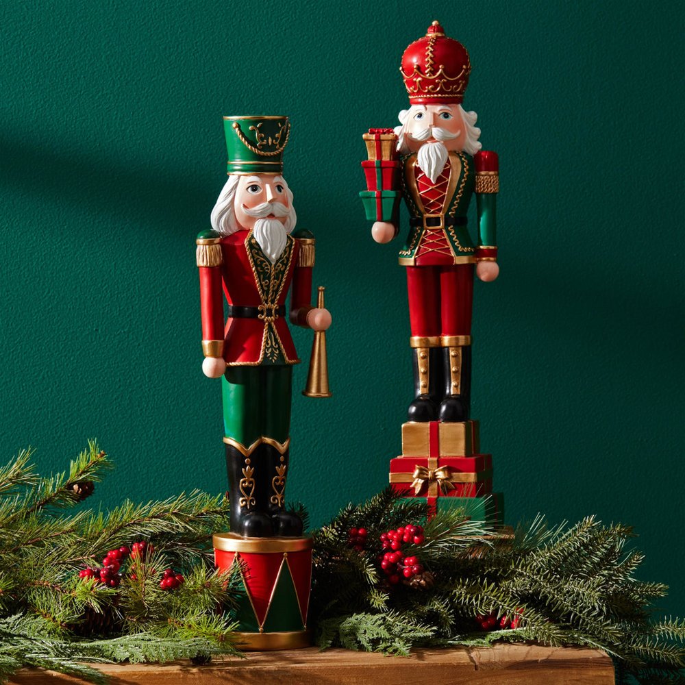 Set of Two Red Green And Black Polyresin Tabletop Sculpture