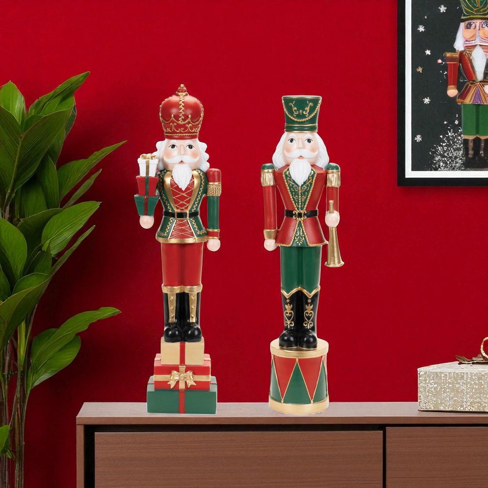 Set of Two Red Green And Black Polyresin Tabletop Sculpture