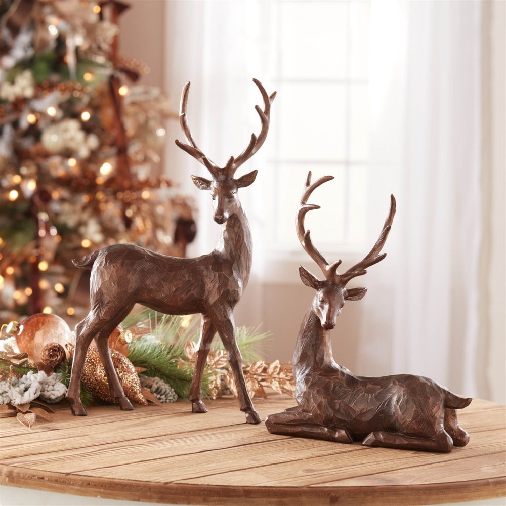 Set of Two Brown Polyresin Deer Figurine