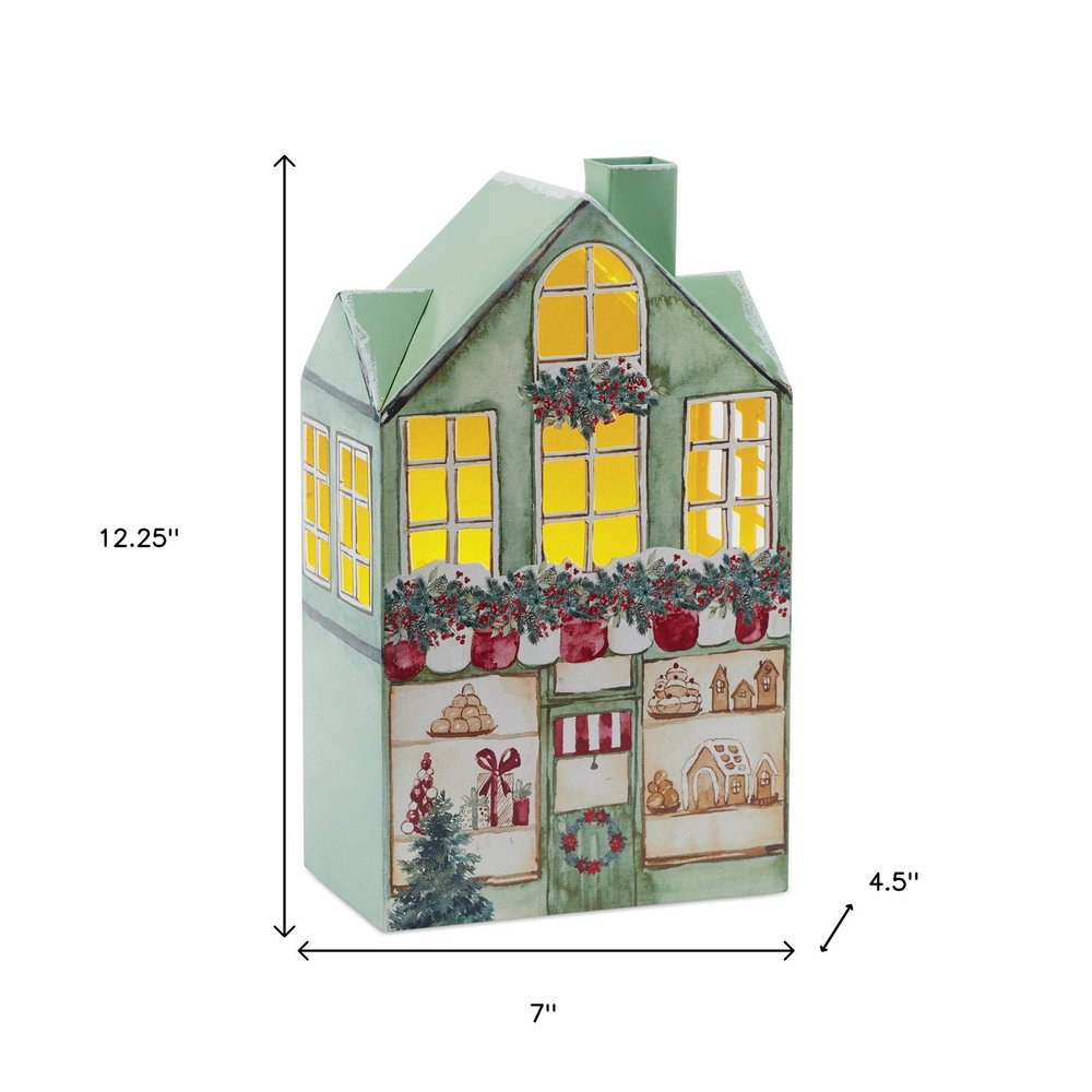 12" Gold Green And Red Iron House Tabletop Sculpture