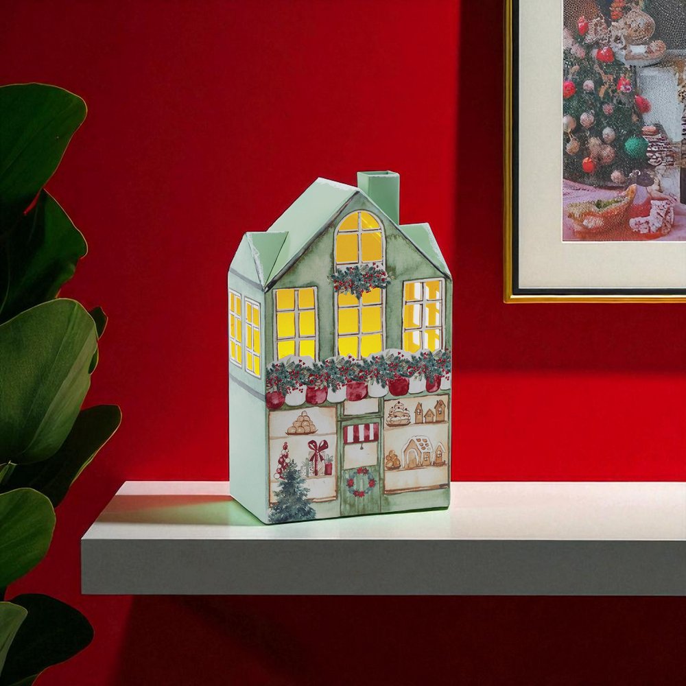 12" Gold Green And Red Iron House Tabletop Sculpture