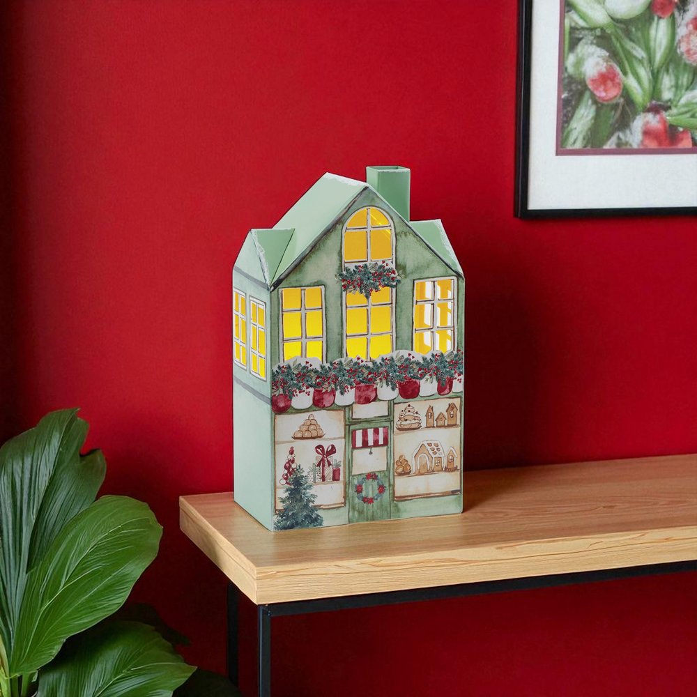 12" Gold Green And Red Iron House Tabletop Sculpture