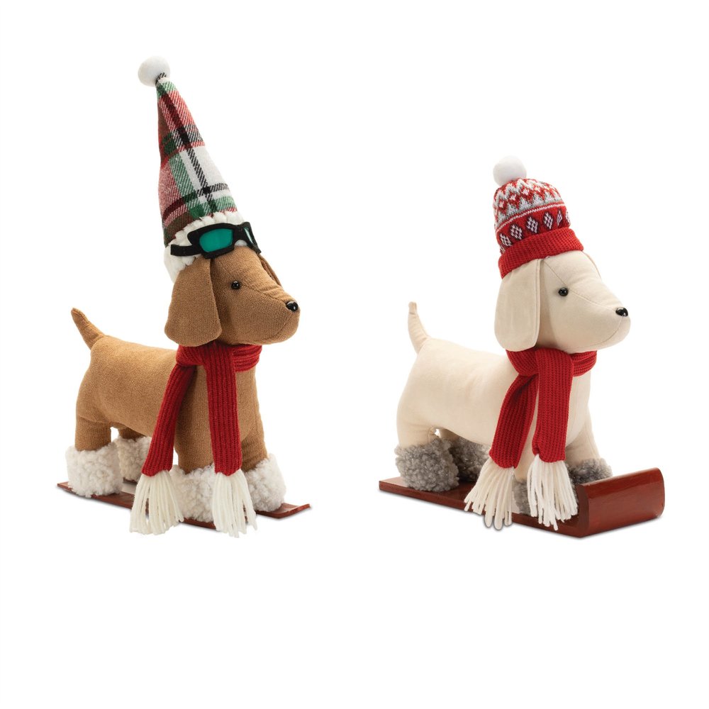 Set of Two Red White And Green Fabric Dog Figurine