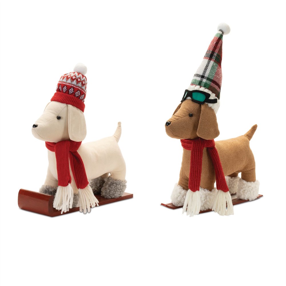 Set of Two Red White And Green Fabric Dog Figurine
