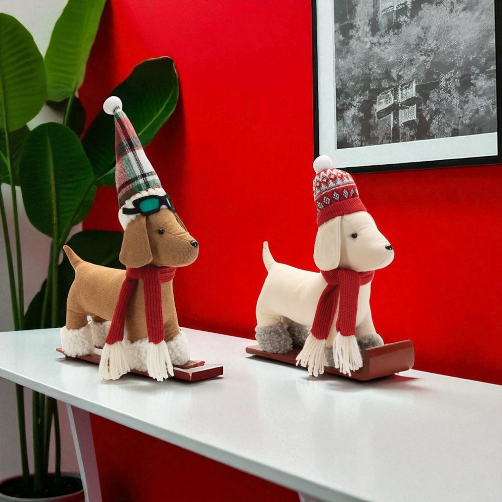 Set of Two Red White And Green Fabric Dog Figurine