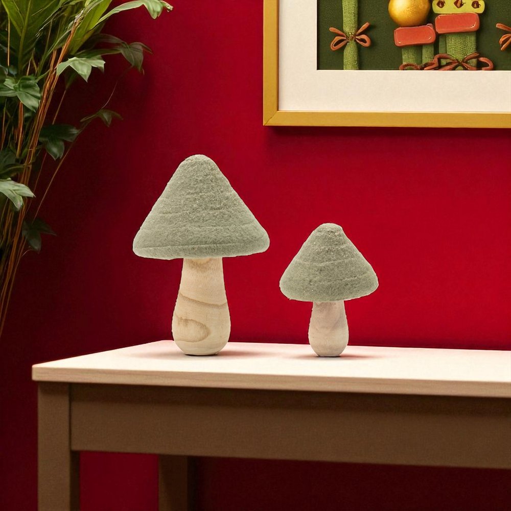 Set of Two Green And Gold Mushroom Tabletop Sculpture