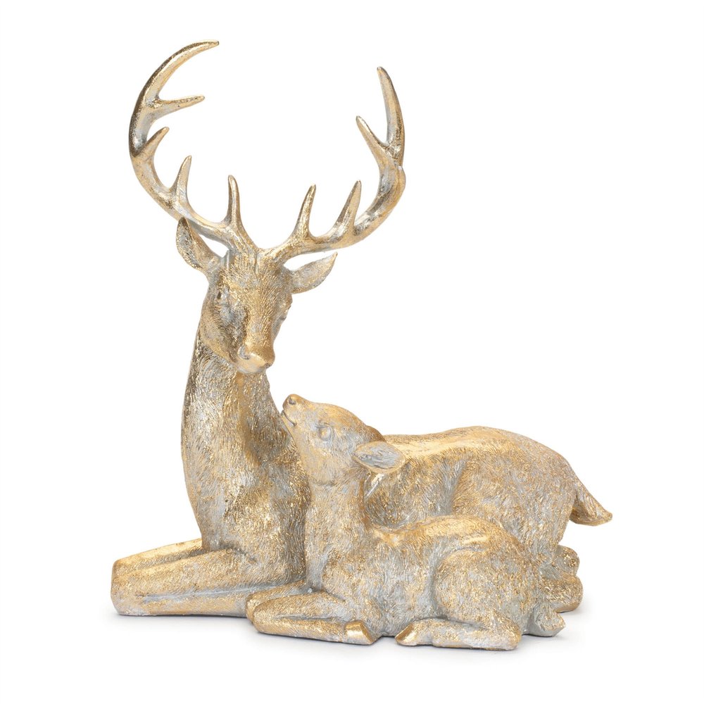 Set of Two Gold And White Polyresin Deer Christmas Figurine