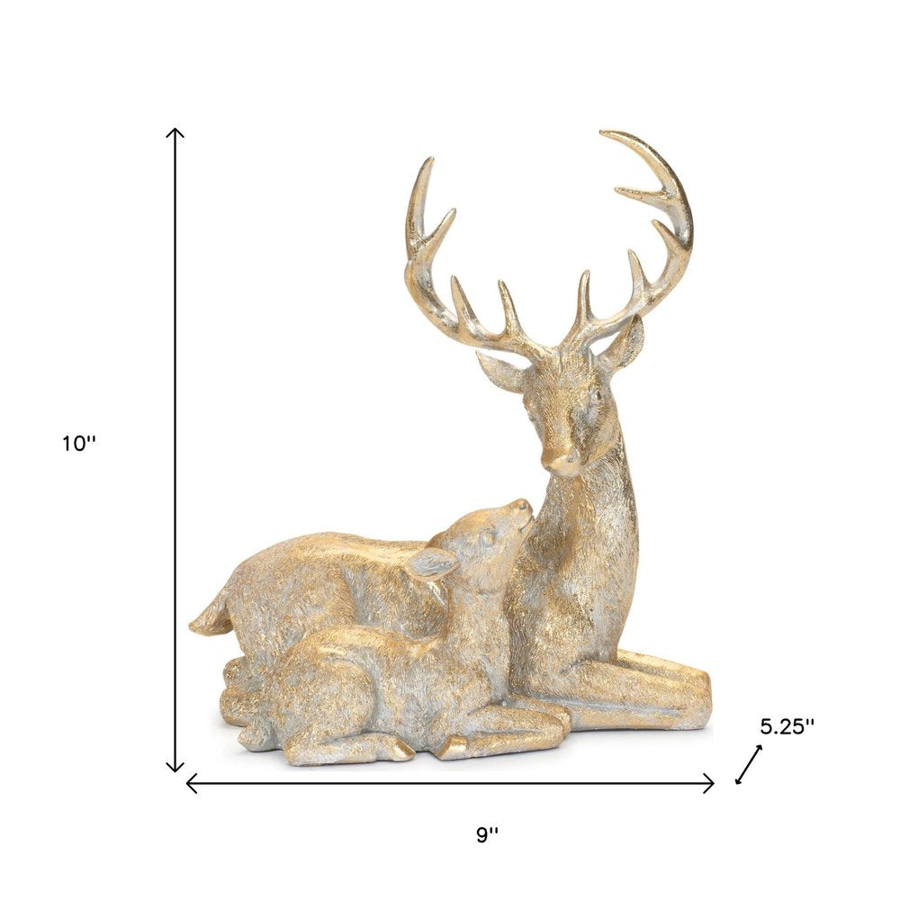 Set of Two Gold And White Polyresin Deer Christmas Figurine