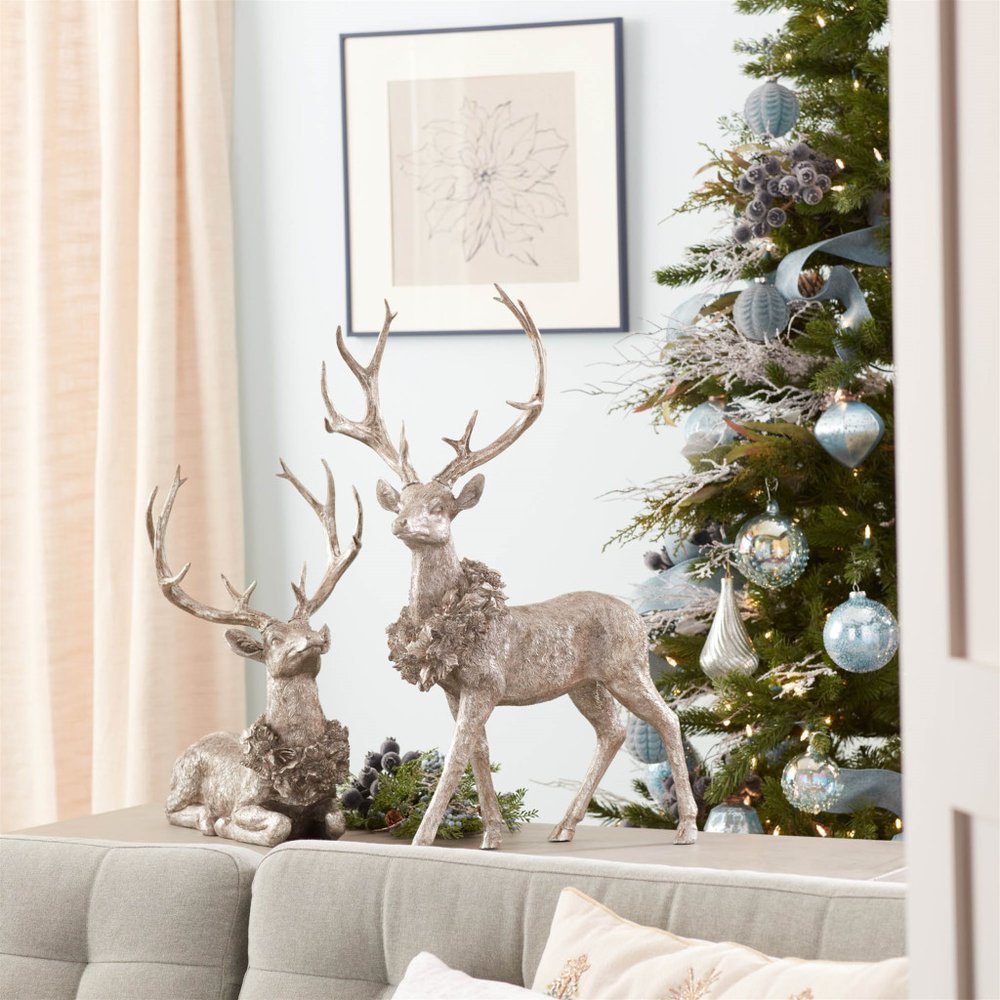 Set of Two Silver And Black Polyresin Deer Christmas Figurine