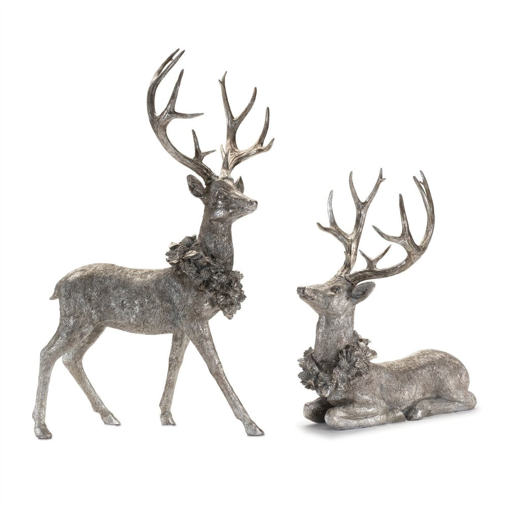 Set of Two Silver And Black Polyresin Deer Christmas Figurine