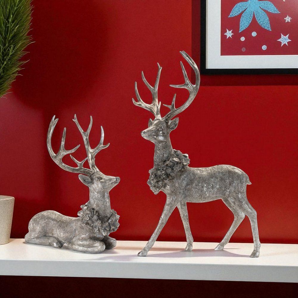 Set of Two Silver And Black Polyresin Deer Christmas Figurine