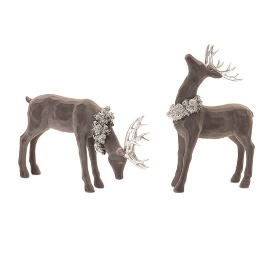 Set of Two Gray Resin Deer Christmas Figurine