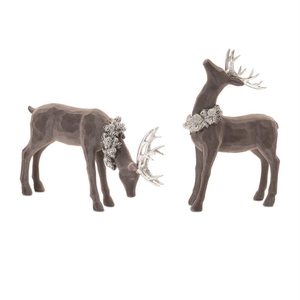 Set of Two Gray Resin Deer Christmas Figurine