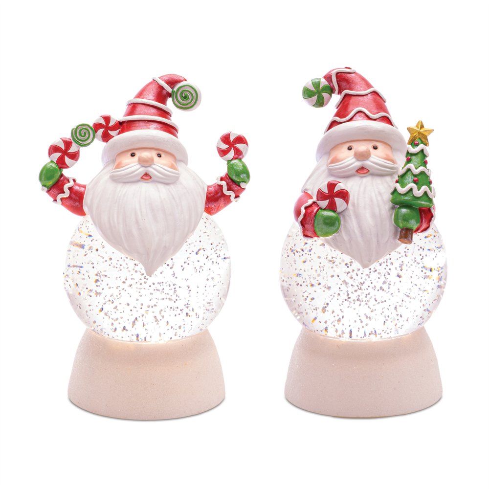 Set of Two White Green And Red Plastic Christmas Santa Tabletop Sculpture with LED