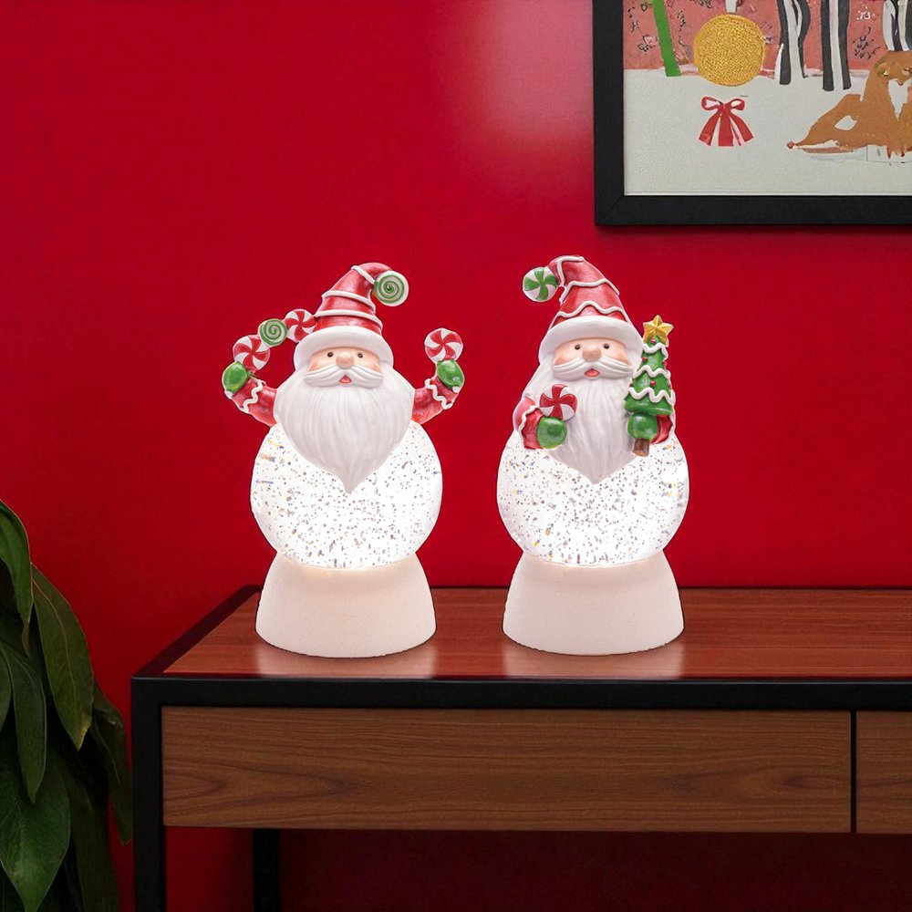 Set of Two White Green And Red Plastic Christmas Santa Tabletop Sculpture with LED