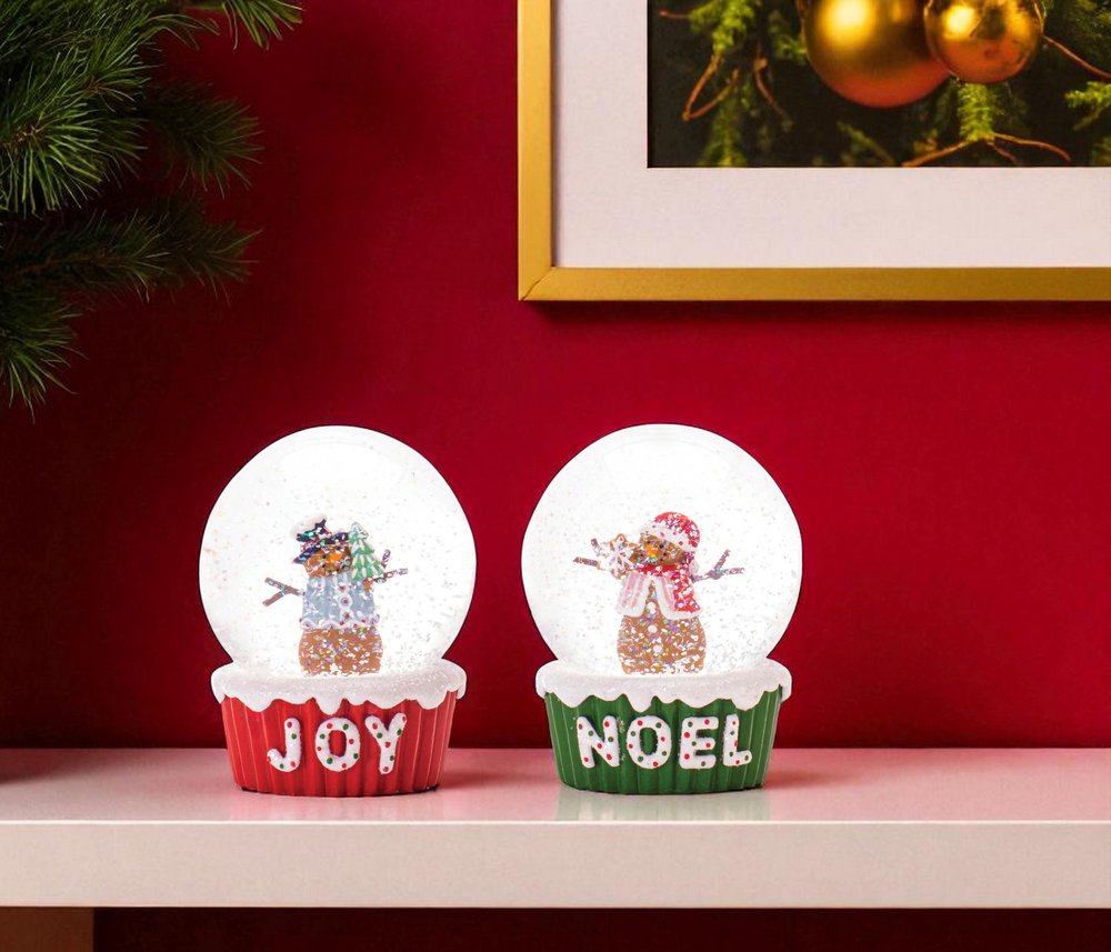 Set of Two Green Red And White Resin Christmas Snowman Tabletop Sculpture